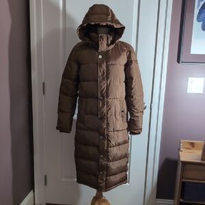 Universal Standard Size 00-0 Everest Long Hooded Puffer Coat in Caramel